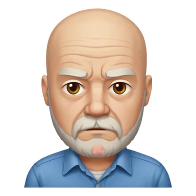 a portrait of aggressive elderly man, bald head, beard, wearing shirt sticker