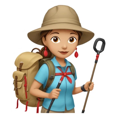 Middle aged women, long brown ponytail with wide brim hiking hat. With backpack and trekking poles. Backpack has a scallop shell with the cross of saint james hanging from it.  Remove the cross and add a scallop shell on a red string hanging from the backpack  sticker
