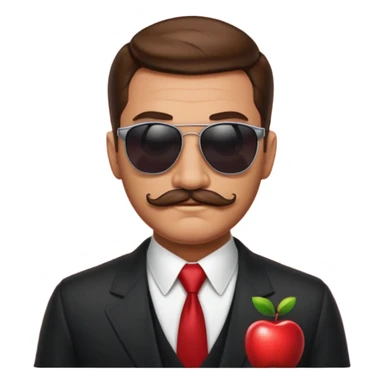 man's head only, slicked-back brown hair, thick mustache, sunglasses, mafia boss vibe, apple style emoji sticker