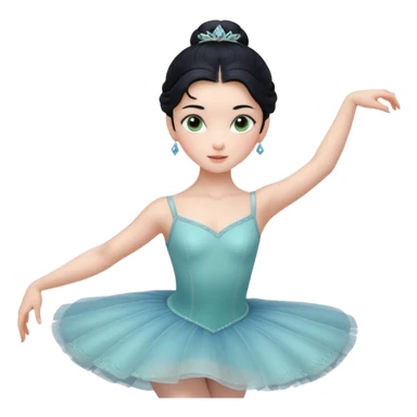 Cinematic Realistic ballerina Medium Blue Portrait, depicted with lifelike skin texture, subtle rosy undertones, and soft natural lighting that enhances the gentle contours of her face. Her intricately detailed sweet black hair is elegantly styled, green eyes sticker