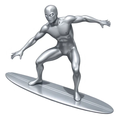 silver surfer standing on his board, dynamic pose, metallic shine sticker