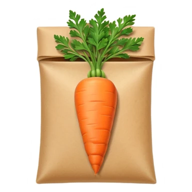 emoji-style carrot seed packet, small pouch, orange carrot illustration, green leaves, minimal design, clean lines, soft shading, light brown paper texture, cartoonish, mobile emoji sticker
