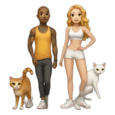 Tan skater and White Girl with tattoos holding 2 fat cats sticker