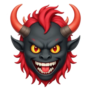 демон с чёрной как уголь кожей, красными клыками, двумя красными рогами торчащими у него изо лба, красной гривой и глазами смеётся (рядом текст "Ха-Ха") sticker