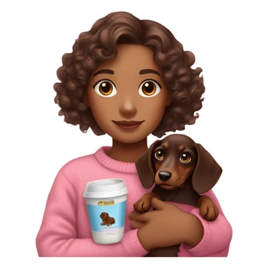 Brunette girl with medium curly hair in a pink sweater holds a dachshund chocolate and creams puppy in her arms sticker