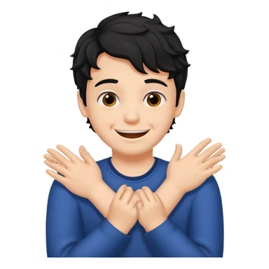 a boy with black wavy hair smiling very big but strangling his neck with his hands sticker