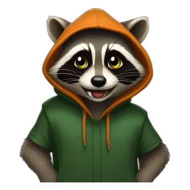 80 / 5,000 Resultados de traducción Traducción brown raccoon with orange eyes and a dark green hood that is laughing sticker