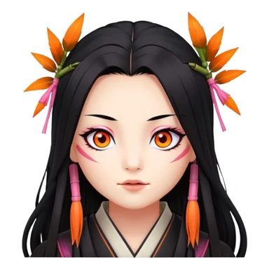 Nezuko with long black hair with orange tips, pink eyes, bamboo muzzle in mouth sticker