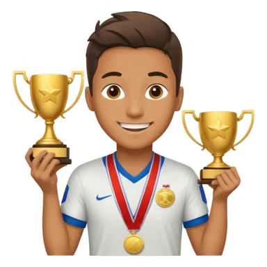 happy soccer player with a first-place medal and a trophy sticker