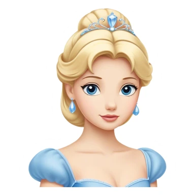 Cinematic Elegant Cinderella Portrait Emoji, rendered in a flat, vector-style with minimal shading and bold, simplified shapes. Depict Cinderella in her classic ball gown (chest and above) with fair, porcelain skin and elegantly styled blonde hair, her eyes soft and kind, and her expression serene and graceful. The design glows with a gentle, enchanting radiance and high shine, capturing the timeless beauty of a fairy tale princess. sticker