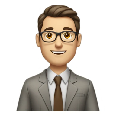 Pale skinned fit man teacher with dark brown hair in gray jacket, beige office shirt, brown tie, brown pants and vintage glasses Draws on the marker board sticker