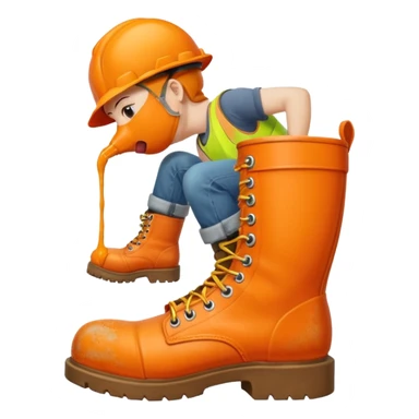 Person licking a large orange work boot sticker
