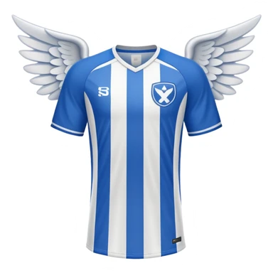 Blue and white soccer jersey with an angel symbol on the front sticker