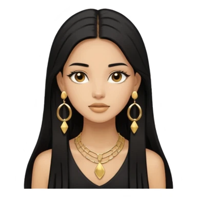 Pero que sea de una chica morena con pelo negro largo lacio. Que siempre utilize aretes dorados y axxesorios dorados y que sea AESTHETIC como pinterest sticker