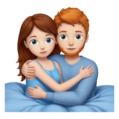 Ginger boy hugging girl with very dark brown hair. Both have blue eyes. They are in bed.  sticker