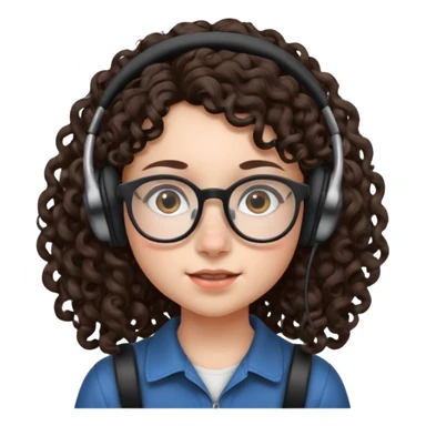 brunette kid with unique face features and very curly long hair kid girl neutral and big glasess and big nose and dark eyes with freckles kind of nerd looking and headphone wearing sticker