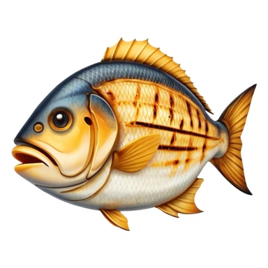 Cinematic Realistic Gradele (Grilled Fish) Dish Emoji, depicted as perfectly grilled fish with a smoky, charred finish rendered with lifelike detail and appetizing, natural lighting. sticker