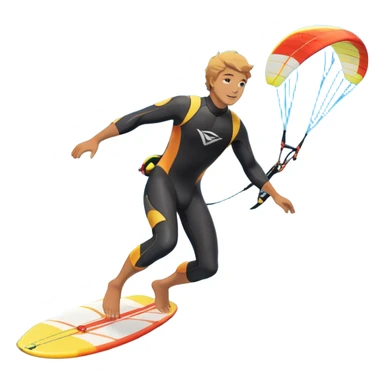 An athlete in a wetsuit, gliding above the waves on a kiteboard, holding onto a paraglider in the sky. The backdrop features a vibrant blue sky and rolling ocean waves, capturing the thrill and skill of the sport with a sense of freedom and adventure. sticker