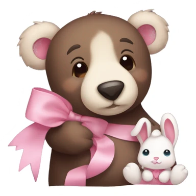 dark brown cute grisley bear cuddling a cute bunny with a pink bow sticker