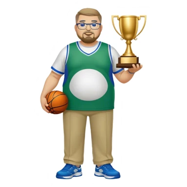 full body white obese male basketball coach with trophy. Goatee , Wearing glasses and blue and green polio with khaki pants sticker