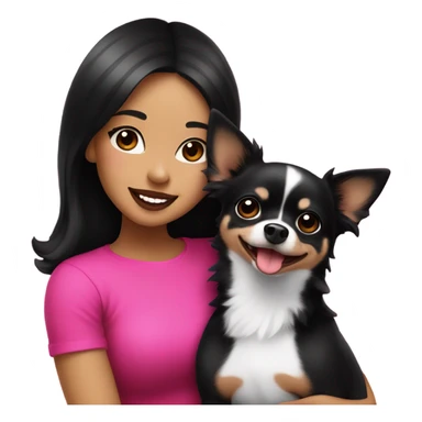 Thick medium black hair with hot pink lips and pink cheek smiling Filipino lady hugging black and white Chihuahua  sticker