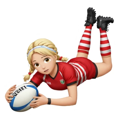Emoji estilo iPhone de Chica de pelo rubio tirada en el suelo boca abajo agarrando un balón DE RUGBY con las manos vestida con una equipación de color rojo y blanco con líneas, manchada de barro y con unas botas de tacos de fútbol y el pelo con trenzas, se la tienen que ver las 2 piernas  sticker