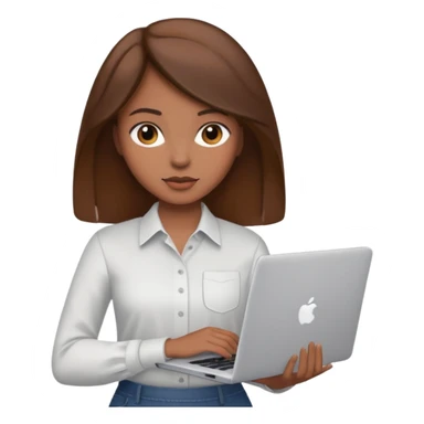 memoji of a brown hair female with a grey laptop in front, apple-style, modern sticker