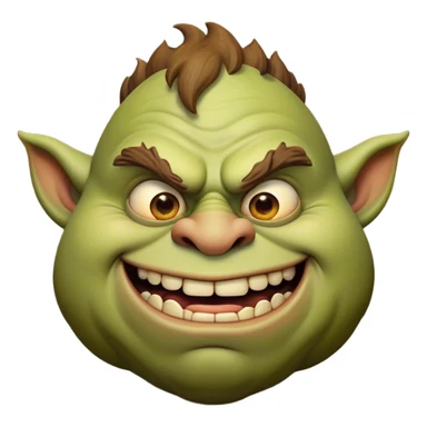 Cinematic Comical Ogre Portrait Emoji, with a strikingly exaggerated, bulky figure in vivid earthy greens and browns, head tilted in a dramatically surprised expression with wide, comically bulging eyes and a goofy, oversized grin, simplified yet hilariously exaggerated, highly detailed with a soft, cartoonish glowing outline capturing the playful absurdity of a meme-worthy ogre! sticker