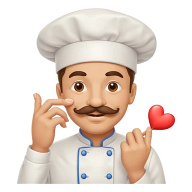 Mustachioed chef with smiling eyes kissing his pinched fingers with a heart emoji sticker