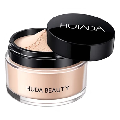Create an emoji of Huda Beauty loose powder in its round, flat jar, short and wide, frosted or matte plastic, black screw-on lid, minimal luxe makeup packaging, clean glam aesthetic. sticker