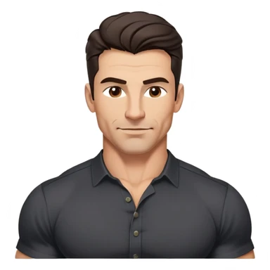 Muscular buff man in his 40s with youthful appearance, light brown skin, elongated face, defined jawline, attractive smirk, medium dark eyes, arched eyebrows, straight nose, strong broad shoulders, medium wavy dark hair with modern style, wearing a black buttoned-up shirt sticker