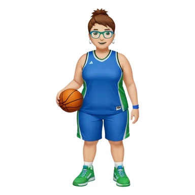 Full Body plus size white female basketball player with short medium brown hair with carmel highlights spikey hair wearing blue glasses 
 wide nose wearing blue green uniform  green sneakers smiling wearing silver hoop earrings sticker
