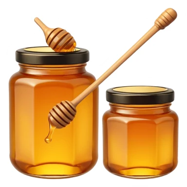 jar of honey, golden amber, glass with glossy surface, simple lid, blank label optional, minimal honey dipper, 3D clean style, transparent background, optimized for emoji size sticker