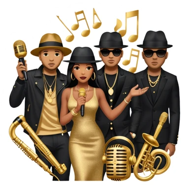 Icon for R&B Music: collage of R&B artists—Victoria Monét, Summer Walker, Usher, Chris Brown, and Muni Long. Each represented by a silhouette or symbolic item like a microphone, fedora, or music notes, reflecting the soul and energy of R&B. Transparent background. sticker