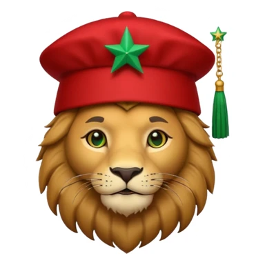Cute lion emoji face wearing a red Moroccan fez with a green star on the front and a black tassel on the right side. Solid dark-blue background. sticker