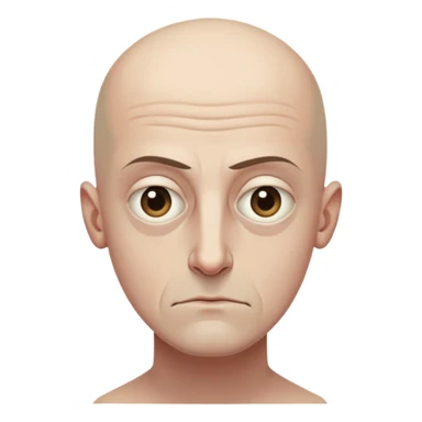 Steven Miller, bald, grim expression, narrow rectangular head, bottom lip sticking out, eyelids lower on the outside sticker