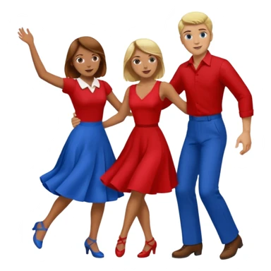 Two people. Man  wearing all red  with brown hair. Women iall blue with blond hair. Swing Dancing.  sticker