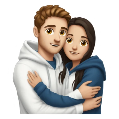 A light brunette girl with brunette eyes who is approximately 5,2 with a black hoodie and pijamas hugging a blue eyed light brunette boy with freckles wearing pijamas and a white hoodie sticker