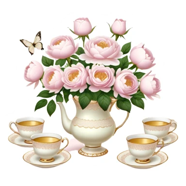 An enchanting garden tea party setting with a vintage lace tablecloth, golden-rimmed porcelain teacups, a centerpiece of light pink roses and white peonies in a pearl-trimmed vase, with delicate pearl butterflies flitting through the soft sunlight.
 sticker