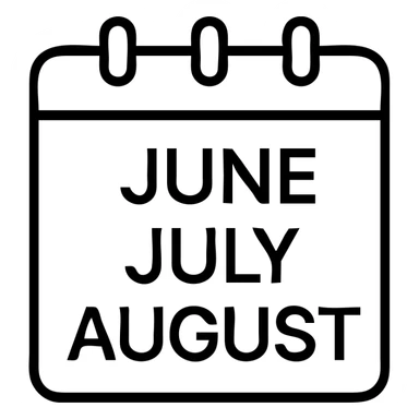 icon of a calendar with three months, month names June, July, August, outlined style, modern and easy to read sticker