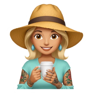 Tattooed lady in sunhat holding coffee cup sticker