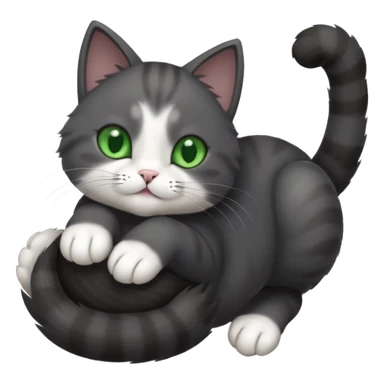 solid dark grey cat with green eyes, white toes/paws and white patch on her chest playfully rolling upside down sticker
