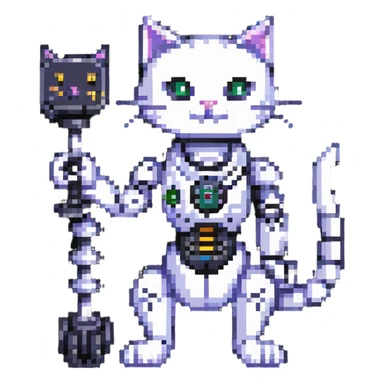 pixel art cat with a robotic arm, retro gaming vibe sticker