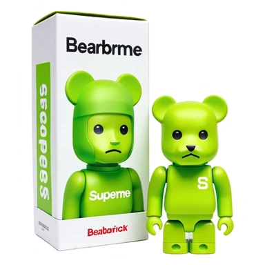 geometric bearbrick figurine with cube-shaped head, lime green balaclava with Supreme box logo on it, expressive eyebrows visible, toy design sticker