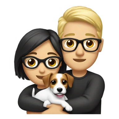 A couple cuddling a jack Russell, the men is white and have black hair and glasses and the woman is blonde but without glasses  sticker