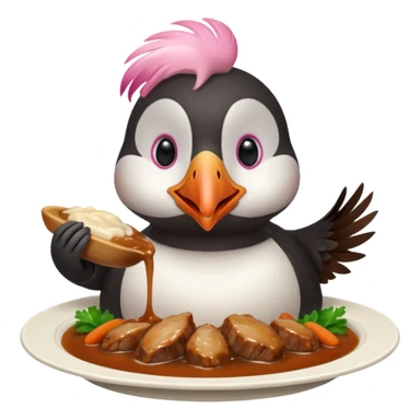 pink-colored puffin eating roast dinner sticker