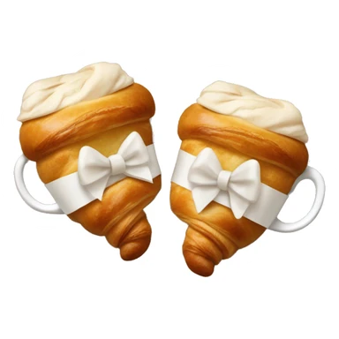 two croissants tied with a white bow, which lie on a cup of coffee from Starbucks sticker