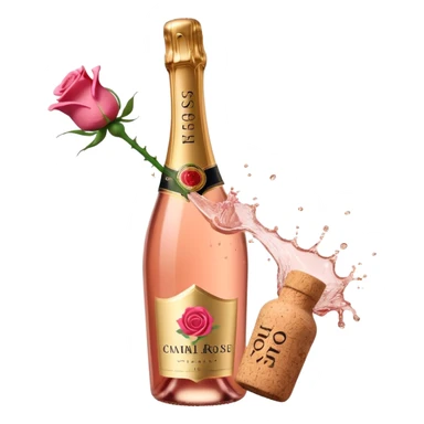 bottle of sparkling rosé champagne with a rose logo on the label, with the cork exploding out from the top, tilted up and to the left, no glass sticker