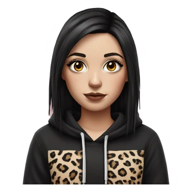 Hyperrealistic white girl with long black hair with a pink fringe and has eye makeup on, she is wearing a black and leopard print hoodie  sticker