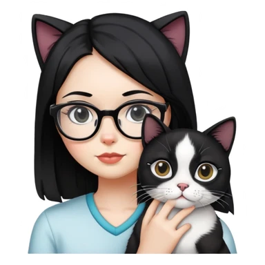 Girl with black hair wearing glasses holding a black and white cat sticker